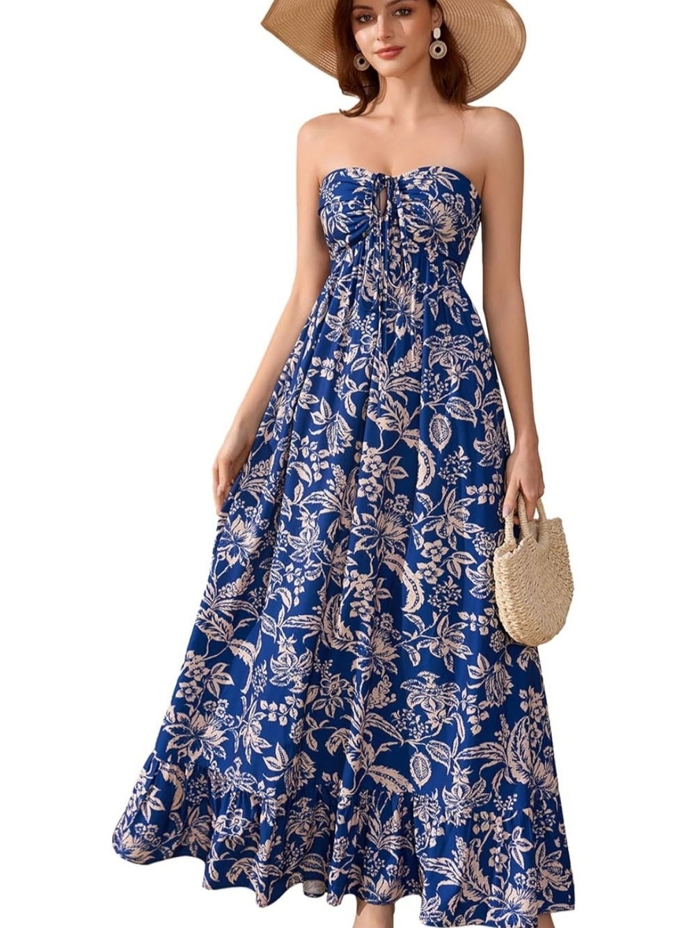 Blue Floral Strapless Maxi Dress Size L 8-10 Boho Beach Resort Summer NWT